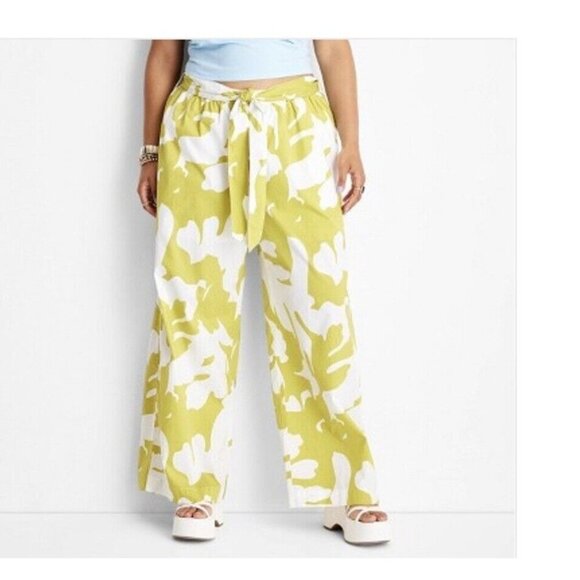 Future Collective Alani Noelle Wide Leg Pants Floral Green White Belted Size 2X - Picture 1 of 13